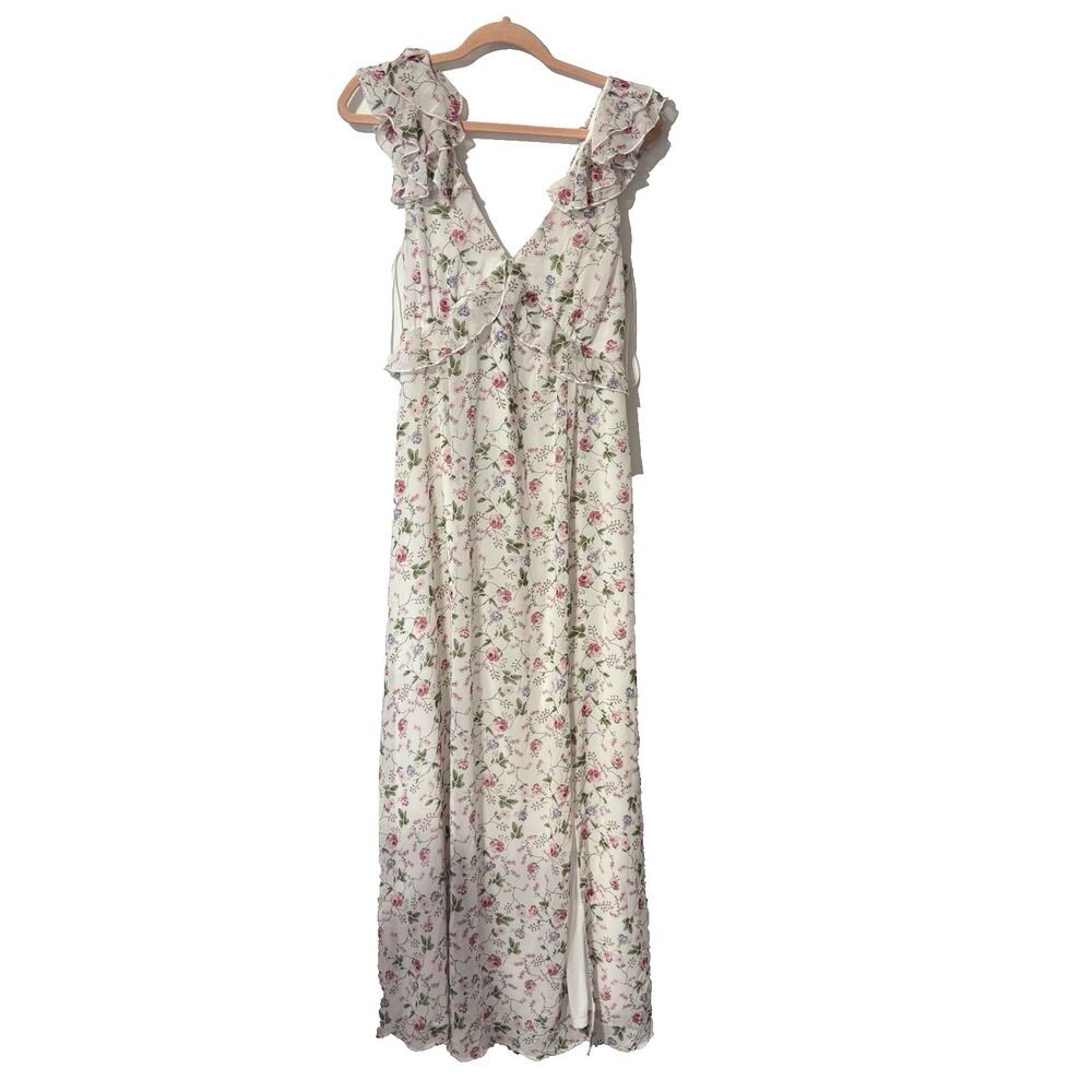 NWT Audrey Parks Francesca’s Maxi Dress Large Tie Back Open‎ Floral White Party
